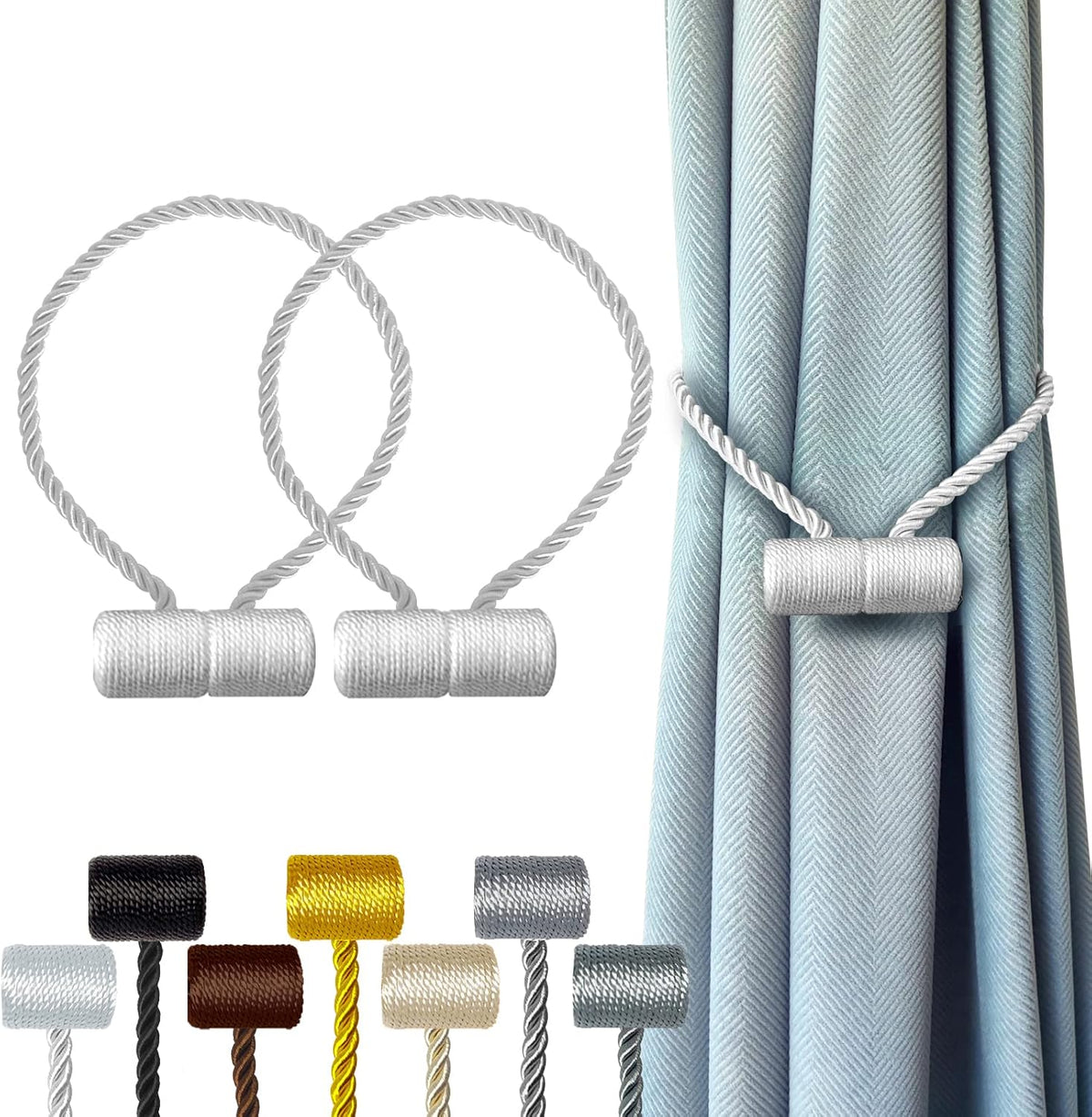 Hion Magnetic Curtain Tiebacks White 2pcs, Curtain Tiebacks Buckles Holdbacks Holders Hooks Clip for Home Bedroom Office Decorative Curtain