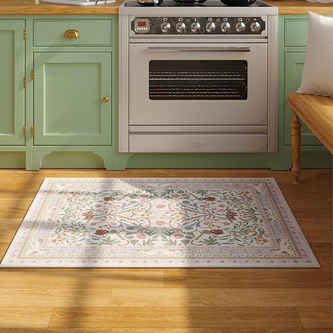Door Mat Indoor Entrance 2x3 Rug Machine Washable Vintage Floral Botanical Small Area Rug Non-Slip Low Pile Throw Rugs for Entryway, Kitchen, Front Door Entrance, Entry, Kids Room, Beige