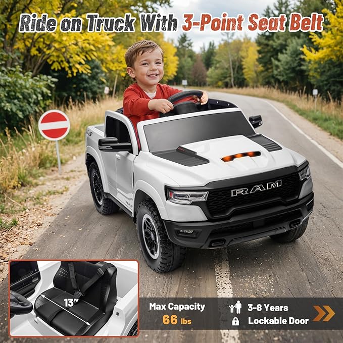 Licensed Ram 1500 Ride on Toys for Kids 4-8, Ride-on Electric Car for Kids with Remote Control, Battery Powered with Car Key/Gear Selector, LED Light/Music/MP3, Back Storage (White)