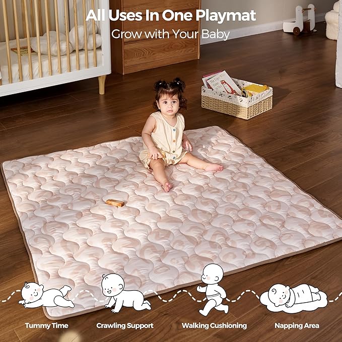 Momcozy Baby Play Mat for Floor, 50x50 Thickened Playpen Mat, Playmate for Baby Tummy Time, Waterproof & Non-Slip, Foldable Outdoor Mat with Carrying Handle, Leopard Heart