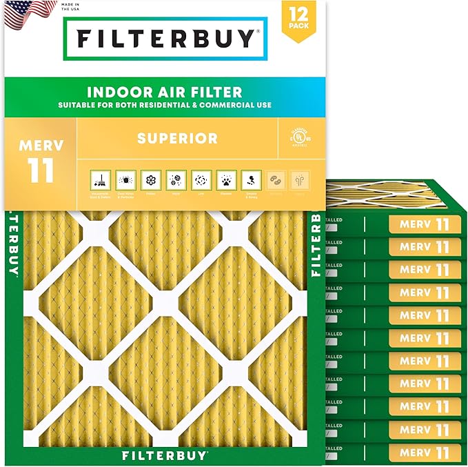 Filterbuy 20x22x1 Air Filter MERV 11 Superior Pet & Allergy Defense (12-Pack), Electrostatic Pleated HVAC AC Furnace Filters Replacement, Made in USA (Actual Size: 19.50 x 21.50 x 0.75)