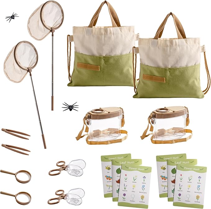 ROBOTIME 2Sets Bug Catcher for Kids, Sturdy Bug Catching Kit with Butterfly Net, Insect Box, Magnifying Glass, Tweezer, Clamp, Cards and Carry Bag, Bug Habitat Outdoor Explorer Kit for Kids 3-12