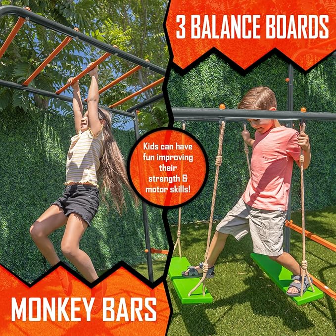Jungle Warrior Big Cat Metal Swing Set: Adjustable Swings, 5ft Wavy Slide, Mesh Tunnel, Flying Saucer, Monkey Bars - Orange, Green and Grey - Exceeds ASTM Safety Standards
