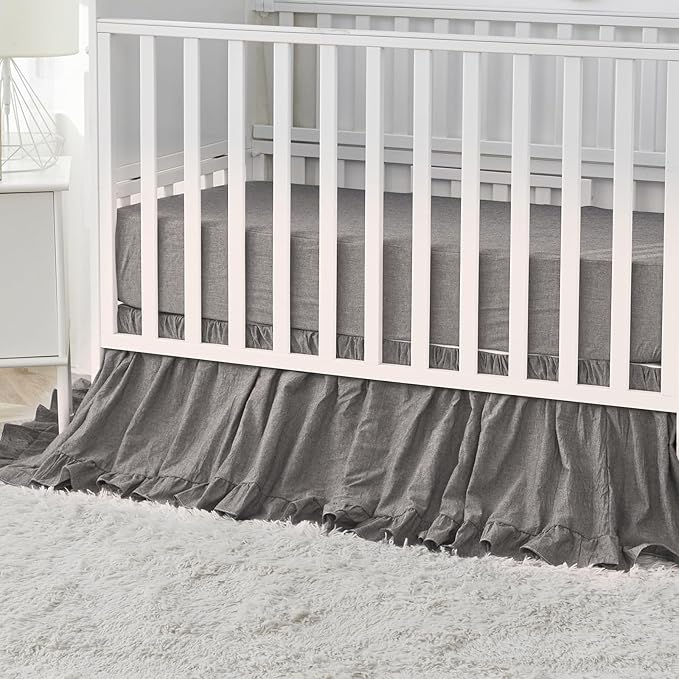 Brandream Baby Crib Bedding Set for Girls Boys Gender Neutral Boho Bohemian Farmhouse Chic Ruffle 6-Piece Nursery Bedding Set - 100% Washed Cotton Gray Grey