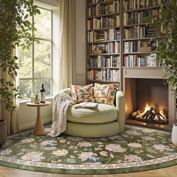 jinchan Floral Corner Rug for Living Room Washable Bedroom Rug Vintage Romance Design Non Slip Quarter Circle Lightweight Low-Pile Throw Carpet for Reading Nook Playroom,8ft Radius, Green