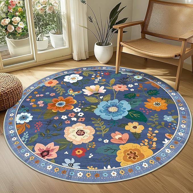 Floral 4ft Area Rug Machine Washable Soft Print Boho Carpet Non Slip Doormat Low Pile Flower Area Rugs for Living Room Bedroom Nursery Kitchen Dining Room Indoor-Blue/Grey