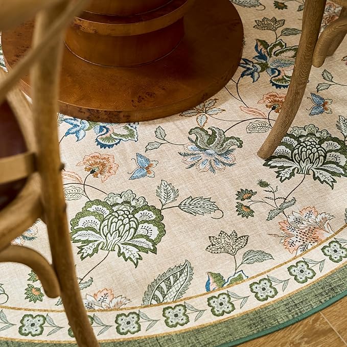 jinchan 7ft Floral Round Rug for Dining Room Washable Living Room Rug Vintage Romance Design Non Slip Indoor Floor Cover Lightweight Low-Profile Throw Carpet for Bedroom Porch Patio, Green/Beige