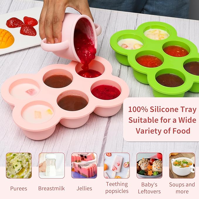 6x3oz Baby Food Freezer Tray with Clip on Lid Gossamer Pink | Leakproof Freezer Molds Silicone Storage Container for Purees Fruits Vegetables