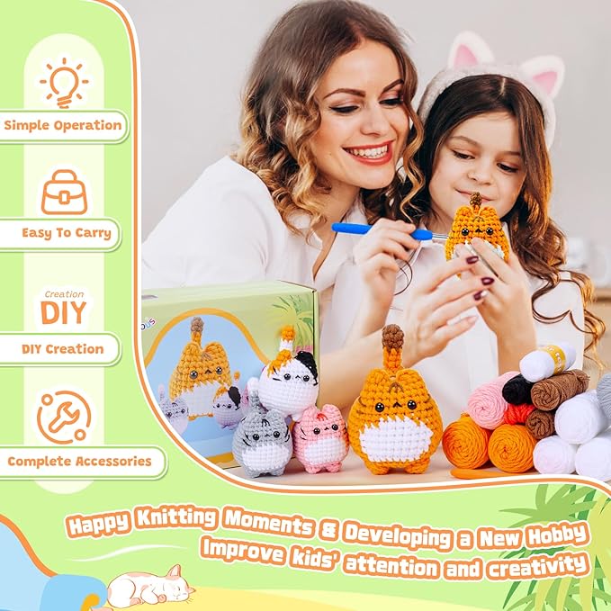 Crochet Kit for Beginners-4PCS Cat Crochet Kits for Adults, Crochet Starter Kit with Step-by-Step Video Tutorials, Crochet Animals Kits DIY Craft Knitting Kit Learn to Crochet Kits for Adults