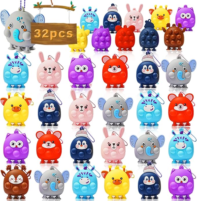 32 Pcs Party Favors for Kids, 3D Animal Pop Fidget Toys Bulk, Sensory Bath Suction Toys for Toddlers, Carnival Treasure Classroom Prizes Box Toys, Fidget Stocking Stuffers Birthday Party Gifts