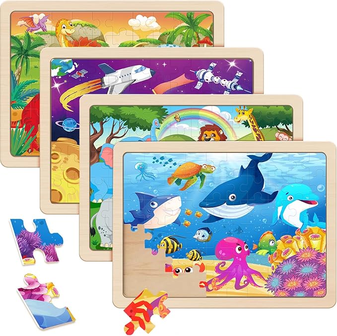 Wooden Puzzles for Kids Ages 4-6, 4 Packs 60 PCs Animal Dinosaur Jigsaw Puzzles for Children Ages 4-8,Preschool Educational Puzzles Boards Toys Gifts for Boys Girls