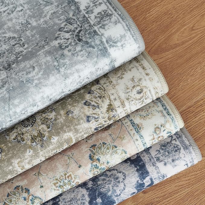 jinchan Runner Rug 2x6 Washable Hallway Runner - Vintage Floral Non Slip Low-Pile Soft Thin Kitchen Rug Distressed Carpet for Farmhouse Bedroom Entryway Laundry Room(2x6ft,Taupe)