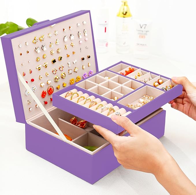 Girls Jewelry Box for Earrings Jewelry Organizer Box Teen Girls Earrings Organizer Jewelry Box with Earring Holder Organizer Stud Earring Box for Girls Womens Jewelry Case Organizer Purple