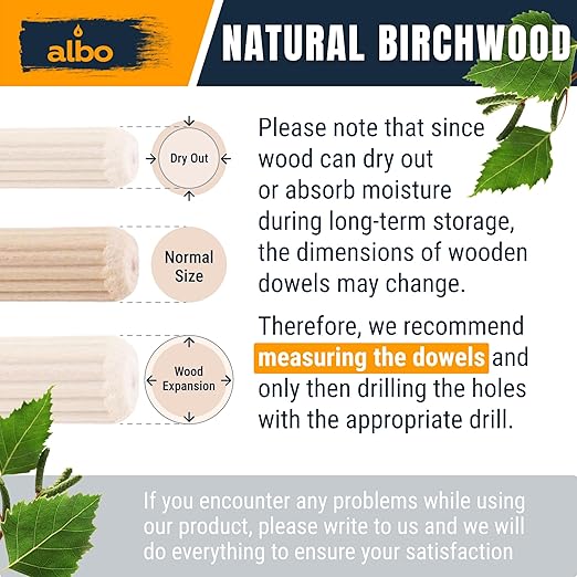 ALBO Wooden Dowel Pins 100 Pack Assorted Sizes 1/2 + 3/8 + 5/16 + 1/4 inch Fluted Wood Dowels Rods Hardwood Crafts Dowel Pegs