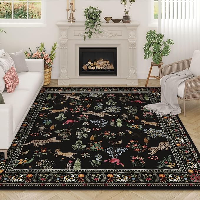 Rugcomf Living Room Rug 5x7 Rug Machine Washable Boho Area Rug Non Slip Floral Animal Vintage Low Pile Large Rugs for Living Room, Bedroom, Farmhouse, Dining Room, Kids Playroom (Black)