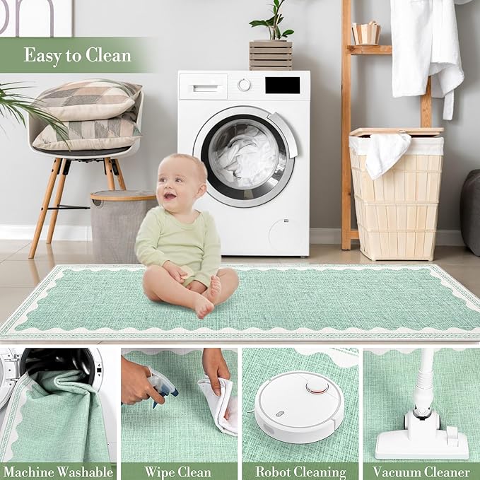Scalloped Rug 2x3 Rugs for Entryway, Solid Green Rug Small Area Rugs Non Slip Scalloped Bath Mat, Washable Front Door Mat Indoor Entrance,Soft Girls Nursery Dorm Carpet for Bedroom Kitchen