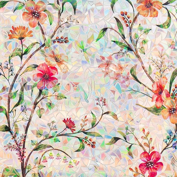 Stained Glass Window Film Static Cling Door Privacy Film Decorative Flowers Green Leaves Window Decals Stickers Heat Control Anti UV for Home and Office,35 inches by 78.7 inches