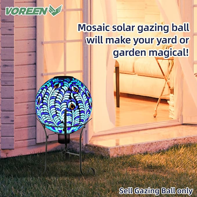 VOREEN Solar Gazing Ball, 10" Mosaic Glass Gazing Globe with Solar Light, Handmade Outdoor Yard Decor Sphere for Patio Lawn Garden, Gift for Mom Wife Friend, Peacock Feather Design (Blue)
