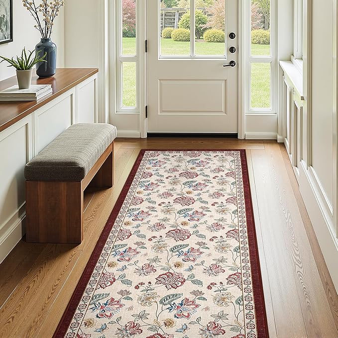 jinchan 3x10 Floral Runner Rug for Hallway Washable Kitchen Runner Vintage Romance Design Non Slip Thin Indoor Floor Cover Low-Profile Throw Carpet for Entryway Bathroom Bedroom Porch, Red/Beige