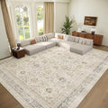 Washable 9x12 Area Rugs for Living Room, Boho Non-Slip Silicone Backing Rugs for Bedroom Dining Room Nursery Office, 0.3" Neutral Oriental Throw Carpet with 0.16" Cushioning Pad, Grey/Multi