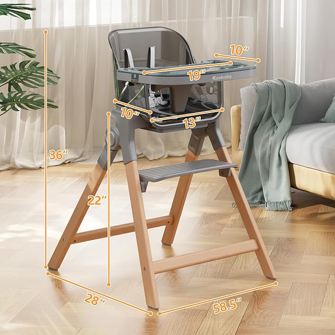 Ezebaby Foldable Wooden High Chairs, 3-in-1 Convertible Baby High Chair, Dining Booster Seat, Toddler Chair, Easy Clean High Chairs for Babies and Toddlers with Large Adjustable Tray- Transparent Gray