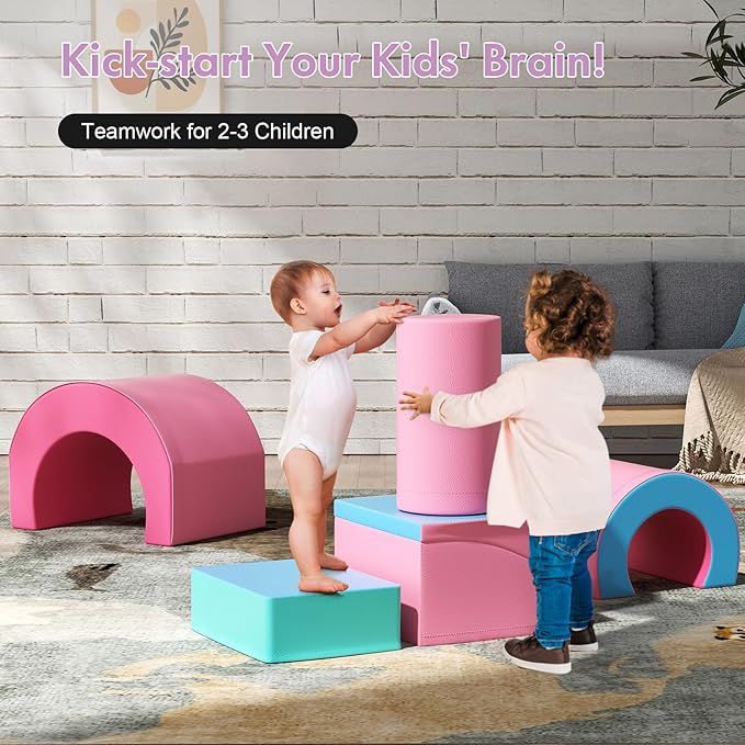 Lischwert Foam Climbing Blocks, Soft Climbing Toys for Toddlers, 5 Pieces Crawl and Climb Foam Playset with Foldable Block and Tunnel, Indoor Climber Activity Play Set for Kids Age 1+(Pink Blue)