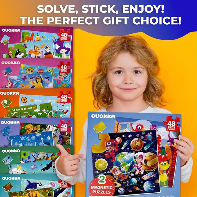 QUOKKA Magnetic Puzzles for Toddlers 4-6 - 2x48 Travel Puzzle Games for Kids Ages 3-5 Years Old - Dinosaur Car Activities Toy for Boys and Girls 2-4 yo - Space Learning Magnet for Road Trip