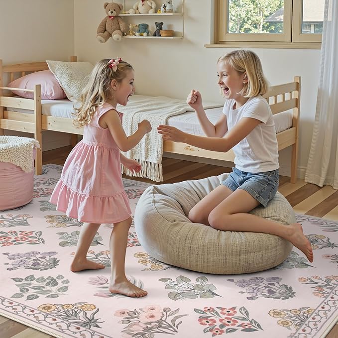 Wonnitar Pink Rugs for Bedroom Girls Nursery, Washable 5x7 Floral Rug, Boho Ultra-Thin Non Slip Soft Indoor Decor Carpet for Kids Room Playroom Living Room Dorm, Pale Pink