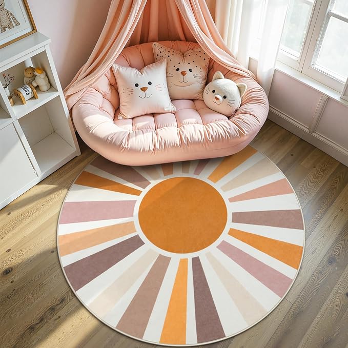 STARUIA Boho Sun Round Washable 6Ft Area Rug for Living Room, Soft Non-Slip Boho Rainbow Kids Nursery Orange Throw Rug Carpet for Bedroom, Circle Colorful Kitchen Rug for Classroom Office Dining Room