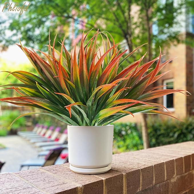 32Pcs Artificial Grass Fake Plants 17.3in Outdoor Plastic Plants UV Resistant Greenery Fake Grass for Home Window Garden Office Patio Hanging Planter Pathway Front Porch Décor Red