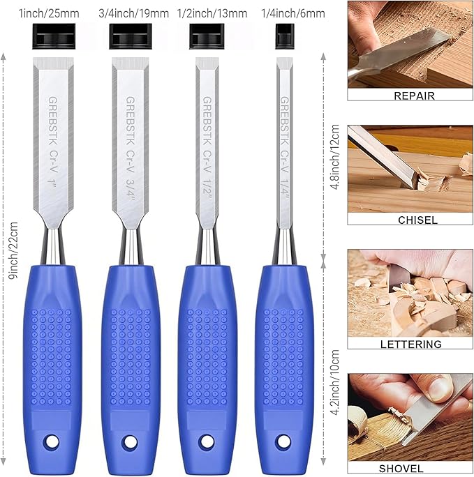 GREBSTK 4 Pcs Wood Chisel Set, CRV Steel Bevel Sharp Edge Bench Chisels with Safety Caps, Comfortable Rubber Handle, for Woodworking and DIY Projects, 9“x(1/4", 1/2", 3/4", 1")