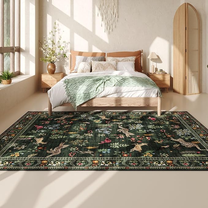 Rugcomf Living Room Rug 5x7 Rug Machine Washable Boho Area Rug Non Slip Floral Animal Vintage Low Pile Large Rugs for Living Room, Bedroom, Farmhouse, Dining Room, Kids Playroom (Green)