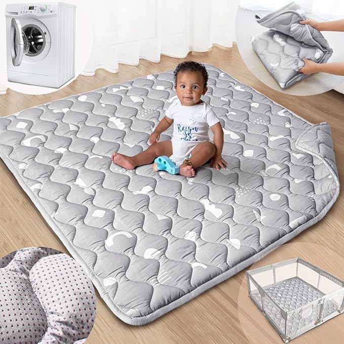 Baby Play Mat, 50x50 Playpen Mat with Super Soft Touch, Activity Mat with Upgraded Anti-Slip Bottom, Machine Washable Crawling Mat for Floor & Picnic (Boho Gray)
