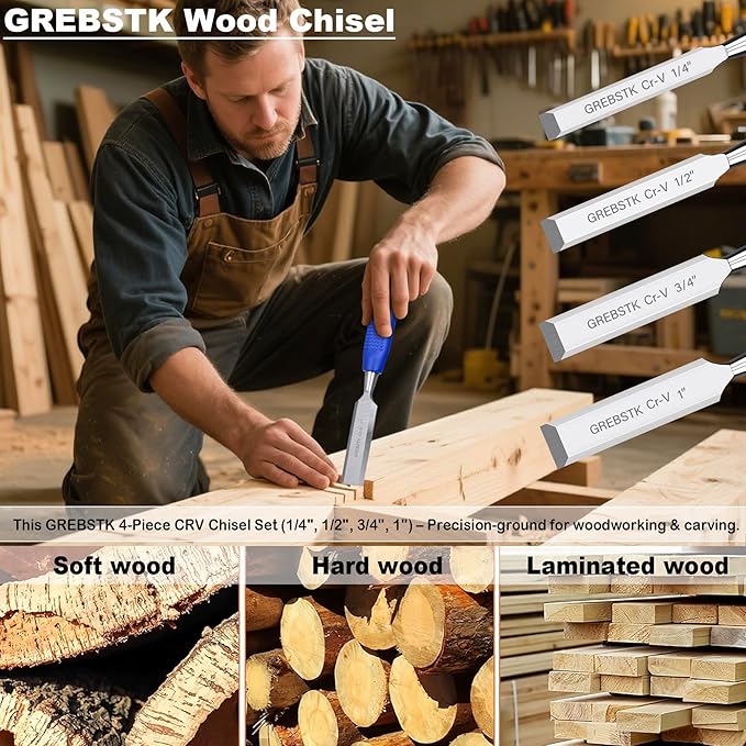 GREBSTK 4 Pcs Wood Chisel Set, CRV Steel Bevel Sharp Edge Bench Chisels with Safety Caps, Comfortable Rubber Handle, for Woodworking and DIY Projects, 9“x(1/4", 1/2", 3/4", 1")