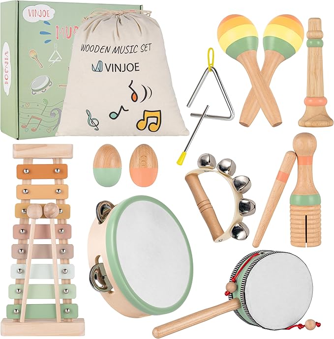 VINJOE Baby Musical Instruments-Toddler Montessori Wooden Musical Toys for Kids 1-3, Neutral Colors Percussion Instruments Set Early Learning Musical Toys for Preschool Educational Birthday Gifts