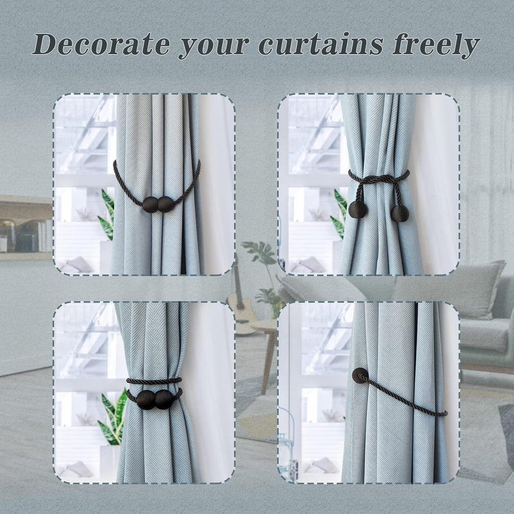 Hion Magnetic Curtain Tiebacks 4 Pack, Nickel-plated Metal and Polyester, Black