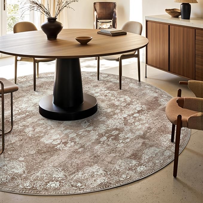 jinchan Round Rug 6ft Area Rug - Brown Vintage Floor Mat Kitchen Indoor - Washable Circle 6' Thin Floral Print Carpet Retro Farmhouse Non Slip Dining Room Living Room Bedroom Office
