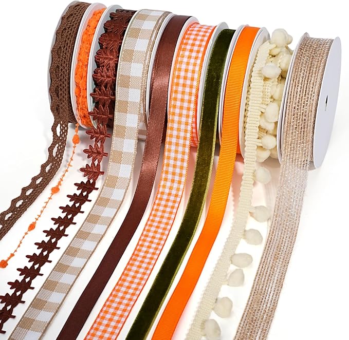 LaRibbons Fall Ribbons for Crafts 10 Rolls Harvest Craft Set for Wreaths, Thanksgiving Decor, Gift Wrapping, 3/8" + 5/8", 47 Yards