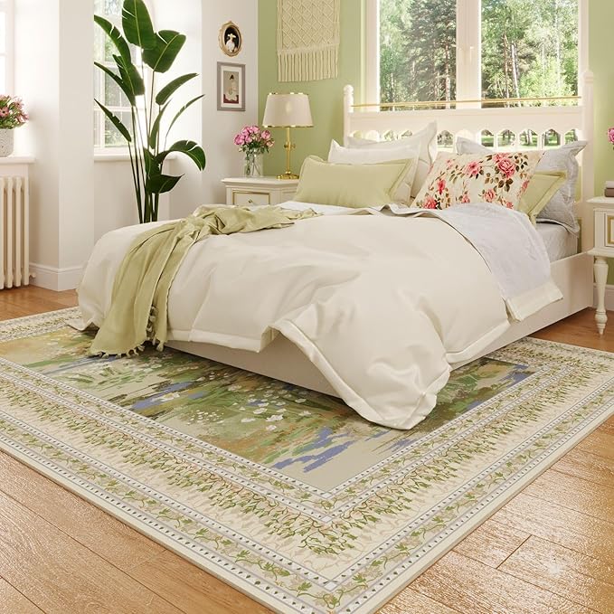 5x7 Area Rugs Impressionist-Style Vintage Washable Area Rug Non Slip Low Pile Large Rugs for Living Room Bedroom Farmhouse Dining Room Kids Playroom, Beige