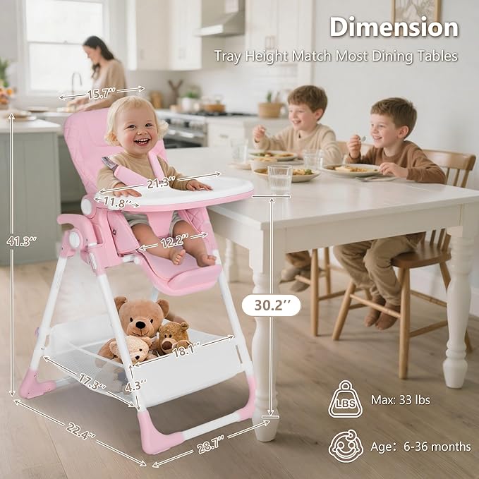 Kinder King Convertible Baby High Chair, Adjustable Feeding Chair for Babies and Toddlers with Removable Double Tray, Simple Compact Fold for Space-Saving, 2 Built-in Wheels, Easy to Clean, Pink