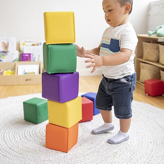 ECR4Kids SoftZone Patchwork Toddler Building Blocks, Foam Cubes, Assorted, 12-Piece