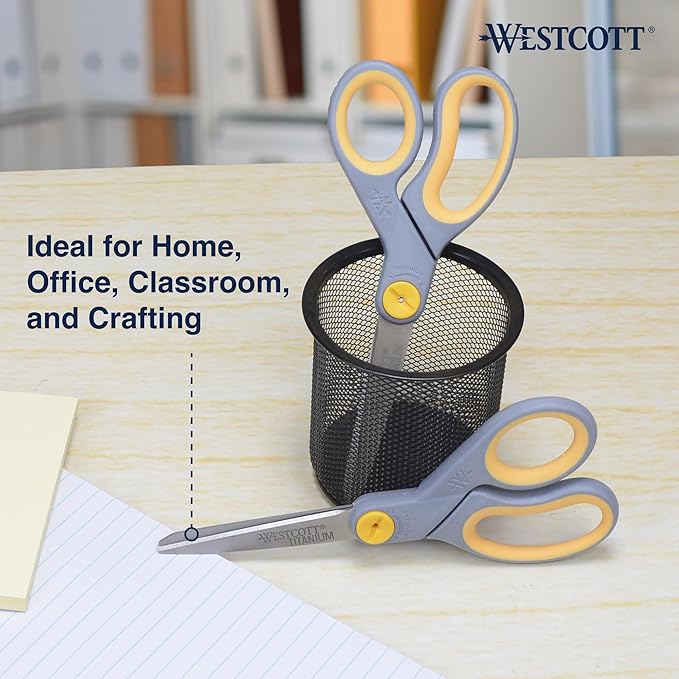 Westcott 8-Inch Titanium-Bonded Scissors with Adjustable Glide Feature for Office and Home - Gray/Yellow
