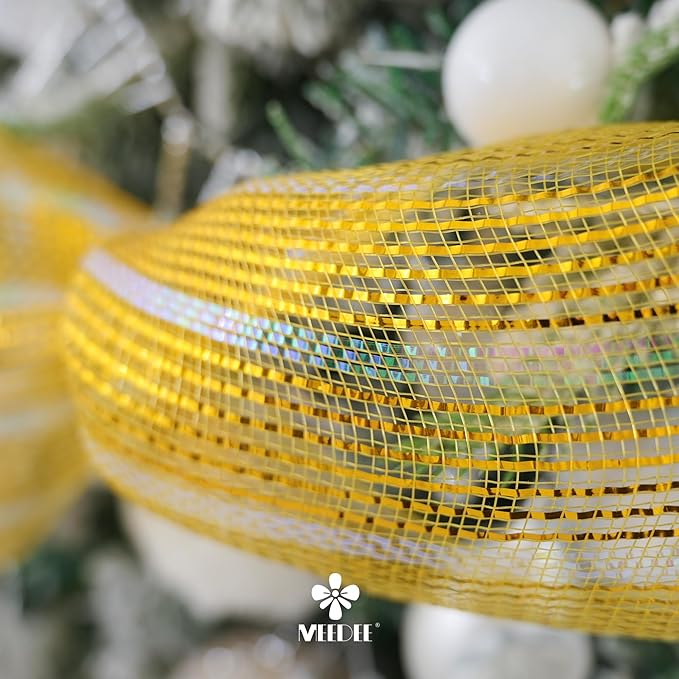 MEEDEE Gold Deco Mesh 10 Inch Deluxe Wide Foil & Iridescent Metallic Stripe Mesh Ribbon for Wreaths, Christmas Tree, Garland, Gift Wrapping, Bows Making (30 Feet)