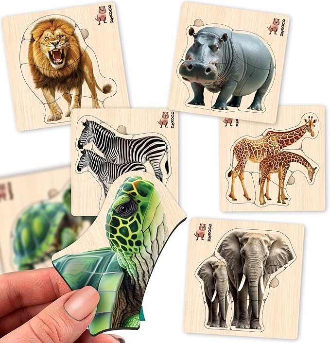 QUOKKA Realistic Wooden Puzzles for Toddlers 1-3 Year Old - 5,9 x5,9 Inches Kids Puzzles Ages 2-4 - Safari Montessori Toddler Toys - Motor Skills Games Gifts for Boys and Girls