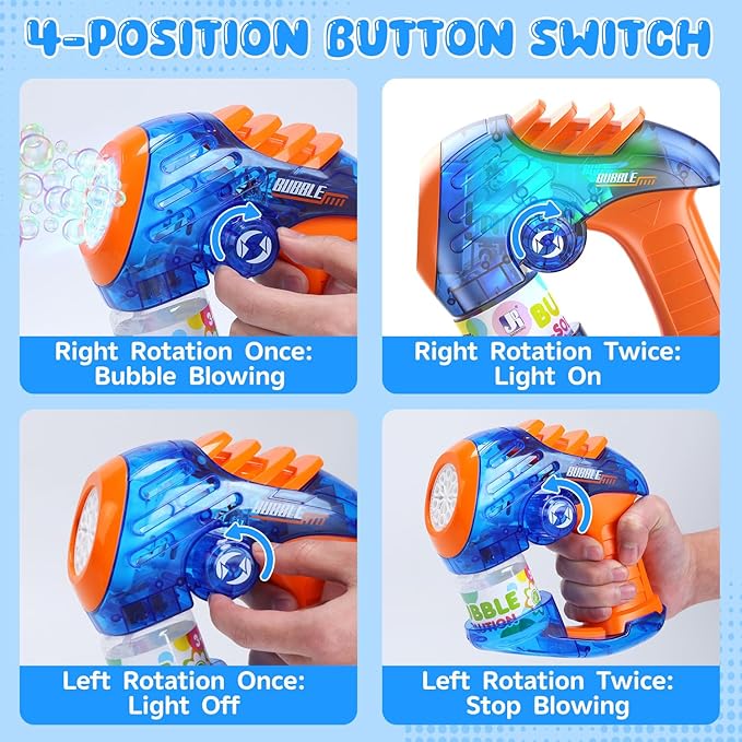 EagleStone 2 Bubble Guns for Toddlers, Kids Bubble Machine Gun, Twist Knob, LED Lights,2 Refill Solutions,10 Concentrate Bubble Blaster for Party Favor, Summer, Outdoor, Easter Basket, Birthday Gift