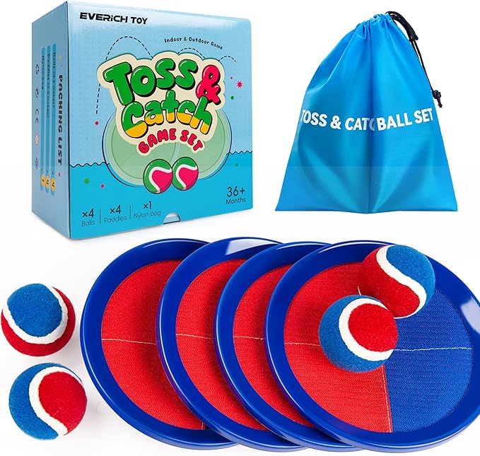 EVERICH Upgraded Toss and Catch Ball Game Set - Indoor and Outdoor Games for Kids 3-12, Beach Sand Pool Water Toy Includes 4 Paddles 4 Sticky Balls, Easter Basket Stuffers Boys Girls Birthday Gifts