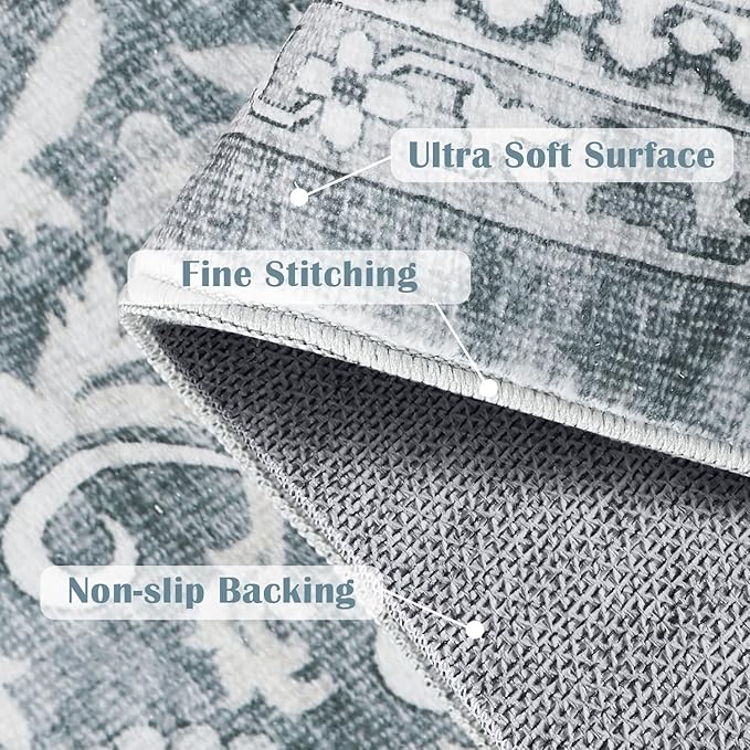 jinchan Floral 8x10 Area Rugs for Living Room - Machine Washable Vintage Distressed Boho Design Throw Rug Stain Resistant Carpet Low-Pile Thin Non-Slip for Bedroom Dining Room Nursery (8‘x10',Grey)