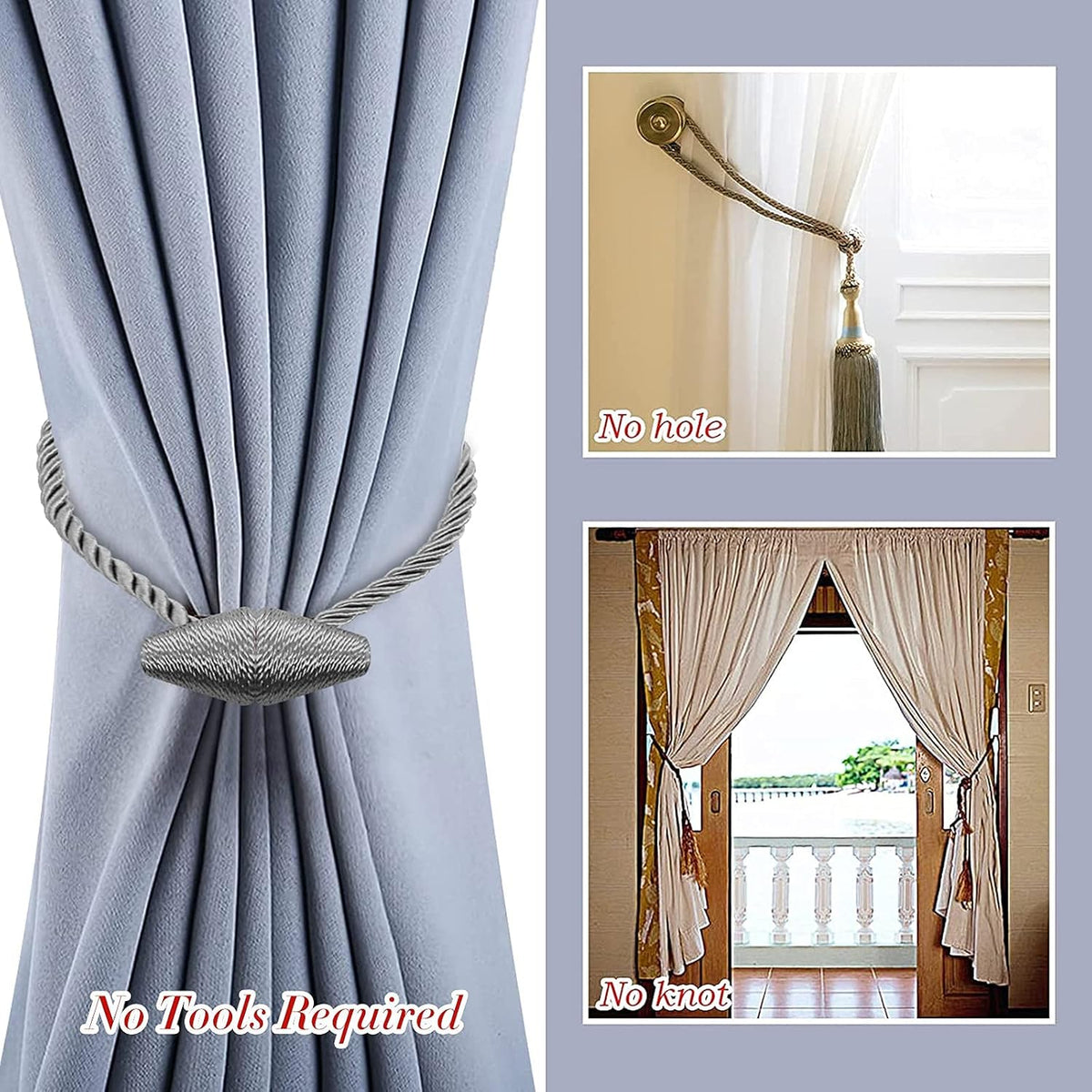 Hion Magnetic Curtain Tiebacks Grey 2pcs, Curtain Tiebacks Buckles Holdbacks Holders Hooks Clip for Home Bedroom Office Decorative Curtain