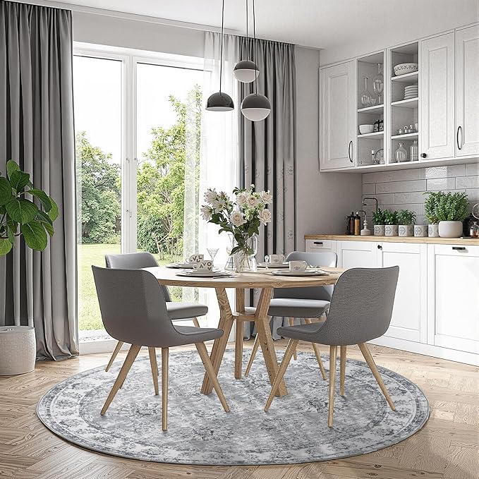 jinchan Round Rug 6ft Area Rug - Grey Vintage Floor Mat Kitchen Indoor Ultra-Thin Soft Floral Print - Washable Circle 6' Retro Accent for Farmhouse Non Slip Dining Room Living Room Bedroom Office