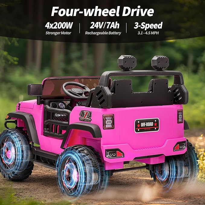 2 Seater Ride on Toy Car for Kids, 24V 4x4 Ride-on Truck Kids Electric Car w/Remote Control, 4x200W Motors - Hot Pink